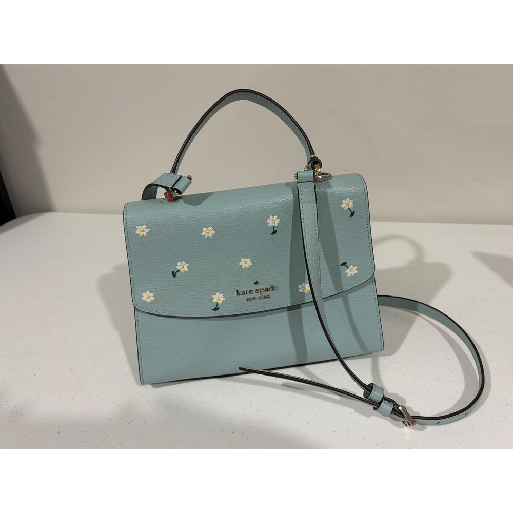 Kate Spade Staci Daisy Embroidery Flap Crossbody Satchel Light Blue Leather Bag